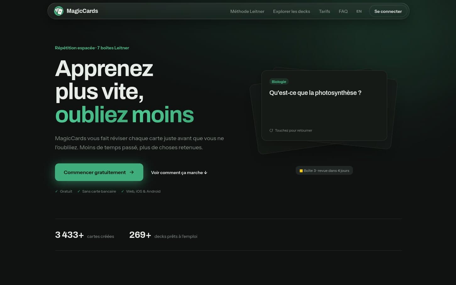 Page d'accueil de MagicCards : « Apprenez plus vite, oubliez moins »