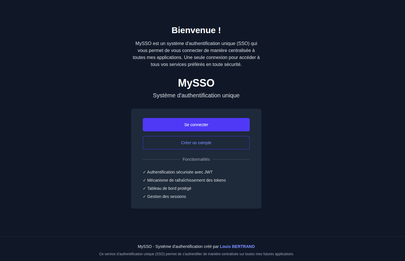 Page d'accueil de MySSO, le système d'authentification unique