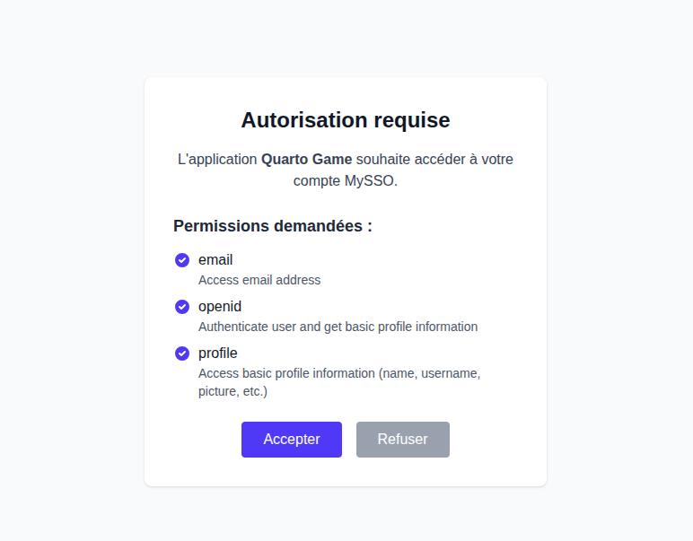 MySSO consent screen: Quarto Game requests access to the account (email, openid, profile)
