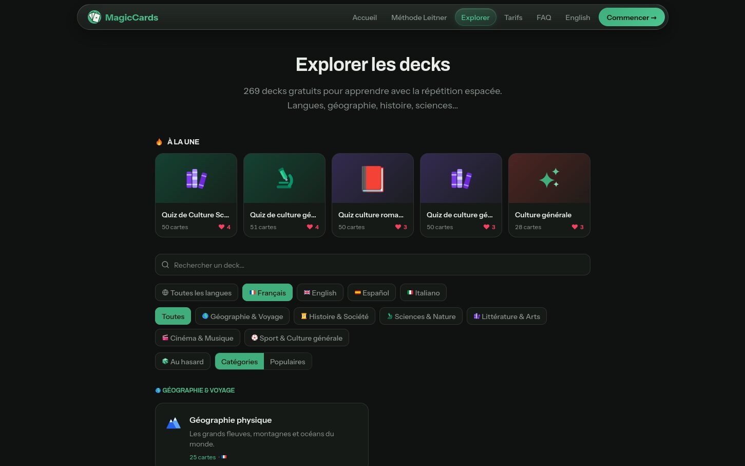 MagicCards "Explore decks" catalog with language and category filters