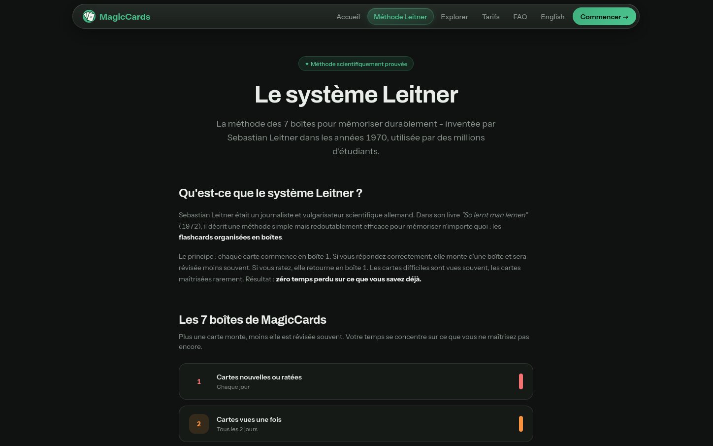 MagicCards page explaining the 7-box Leitner system