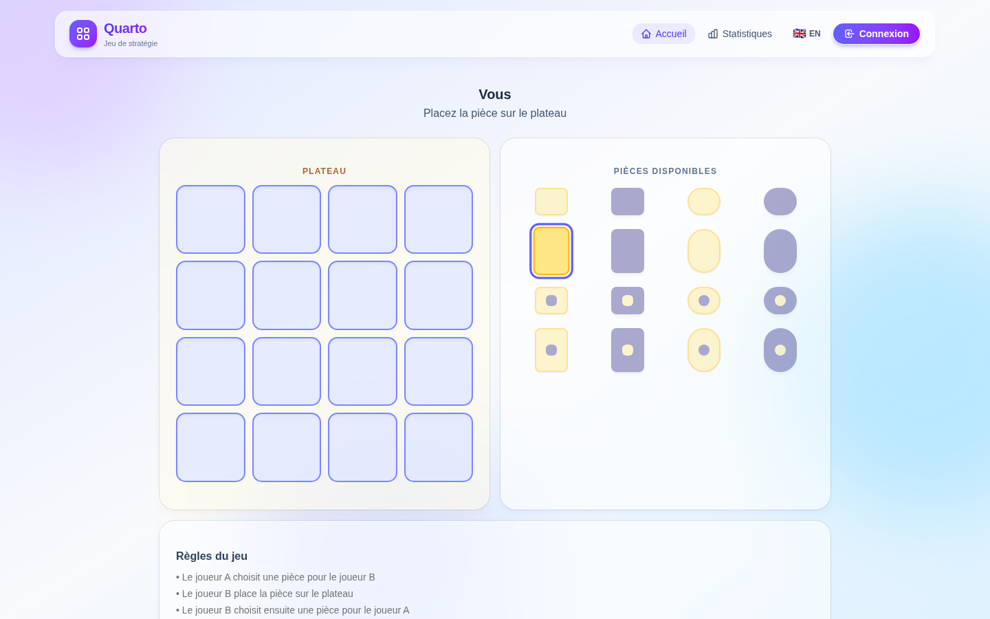 Quarto game against the AI: 4×4 board and available pieces