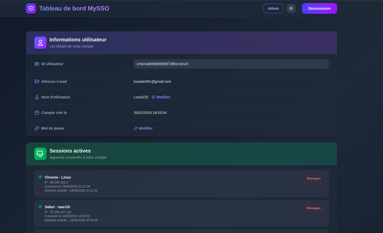 MySSO dashboard: user details and active sessions