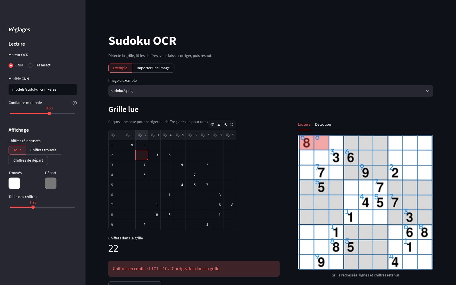 Sudoku OCR flagging a conflict after a manual fix, conflicting cells highlighted in red