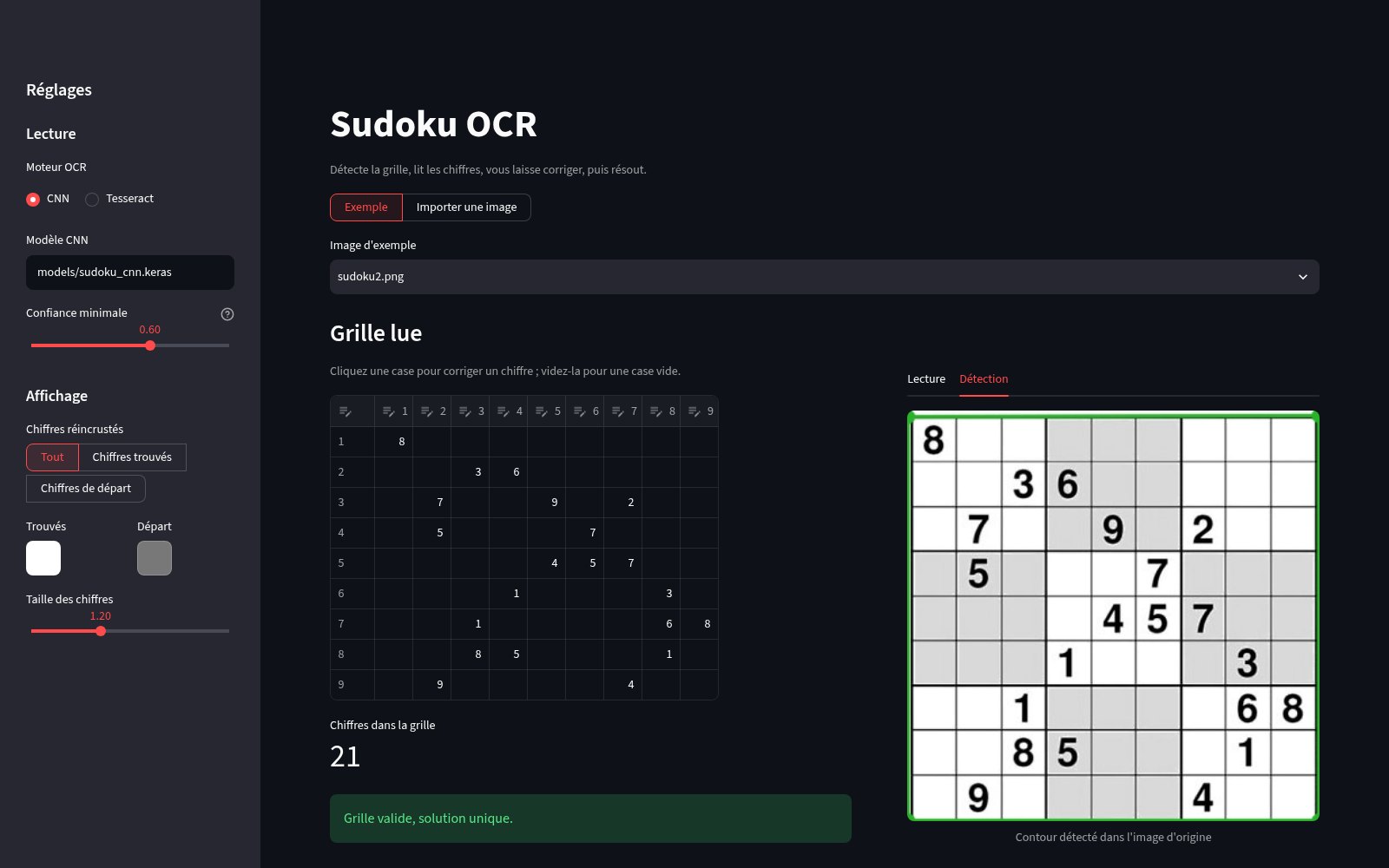 Sudoku OCR "Detection" view: grid outline found in the original image