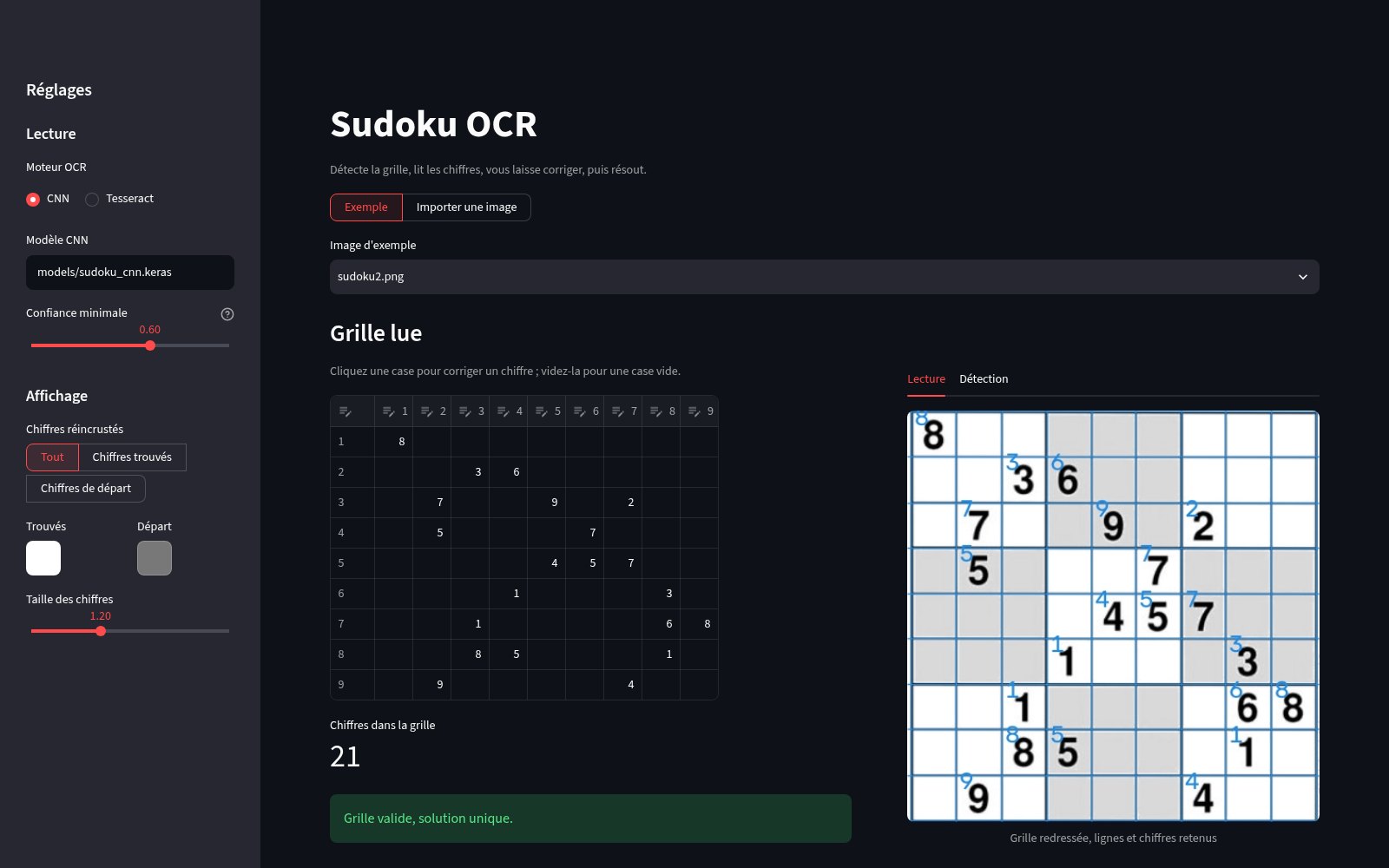 Sudoku OCR Streamlit interface: grid read by the CNN, editable cell by cell, next to the annotated straightened grid