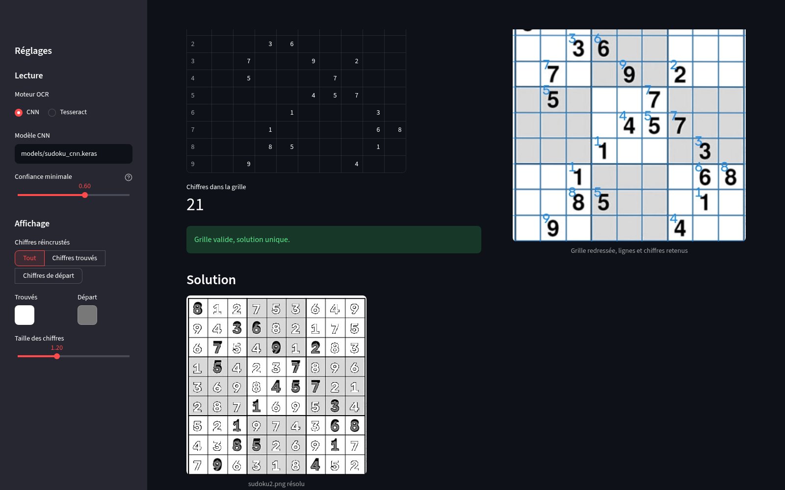 Sudoku OCR solution drawn back onto the original image, found digits in outline